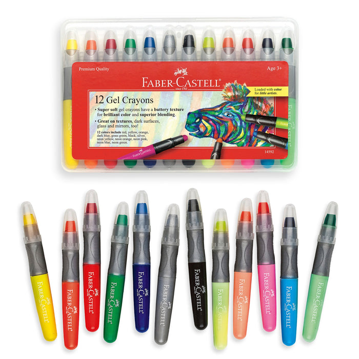 A set of 12 Faber-Castell gel crayons in a variety of colors, displayed alongside their packaging which indicates the age suitability and contents. The crayons are housed in a clear plastic storage case.