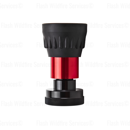 A black and red Aluminum 1 1/2" Dual Range 20/60 Forestry Nozzle, featuring a textured black top section, a polished red middle section, and a black base with a knurled edge, shown against a white background with faint watermarks.
