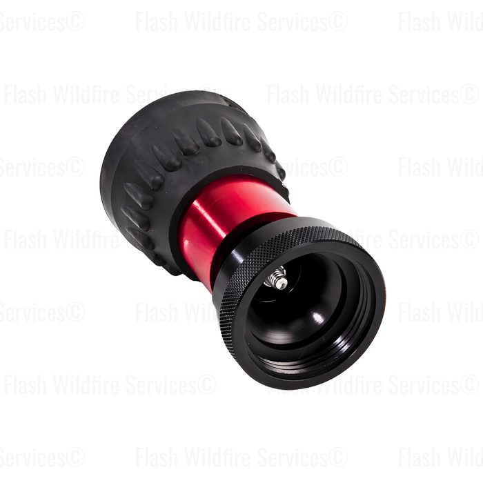 A black and red Aluminum 1 1/2" Dual Range 20/60 Forestry Nozzle shown at an angle on a white background with faint 'Flash Wildfire Services' watermarks.