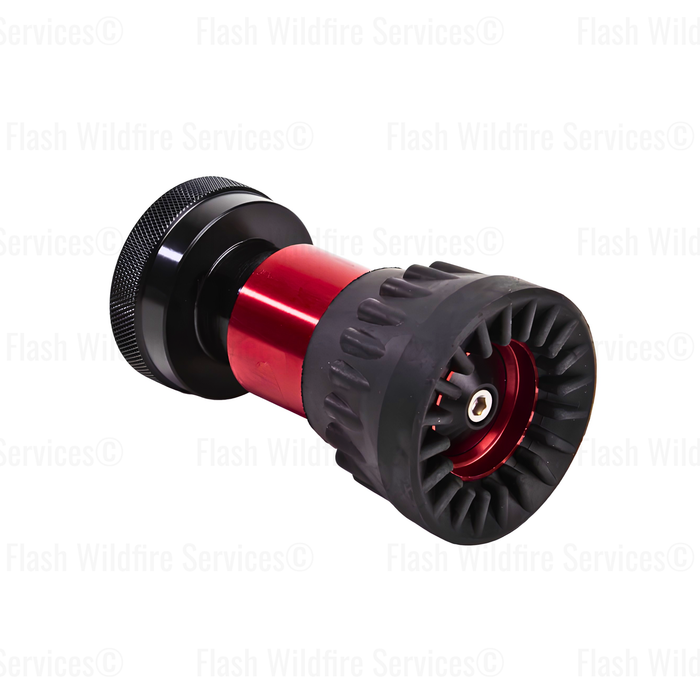 A red and black Aluminum 1 1/2" Dual Range 20/60 Forestry Nozzle, shown at an angle on a white background with faint watermarks.