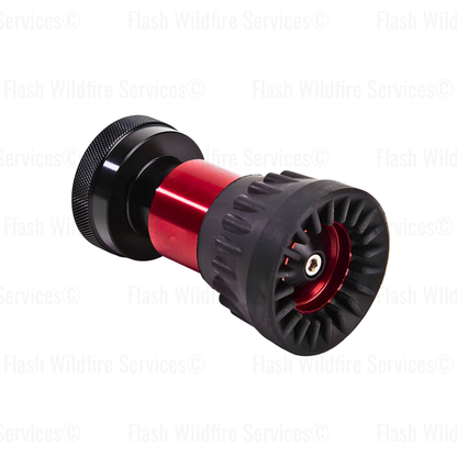 A red and black Aluminum 1 1/2" Dual Range 20/60 Forestry Nozzle, shown at an angle on a white background with faint watermarks.