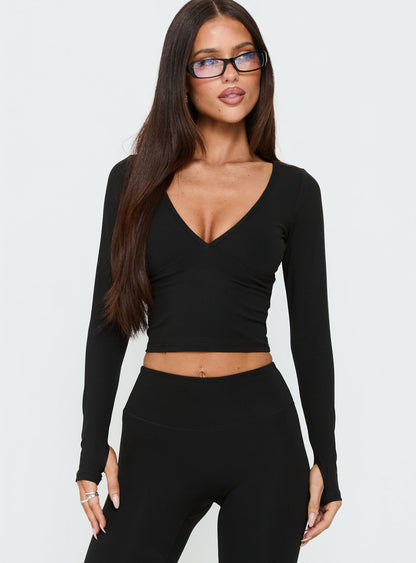 New Horizons Long Sleeve V Neck Top Black