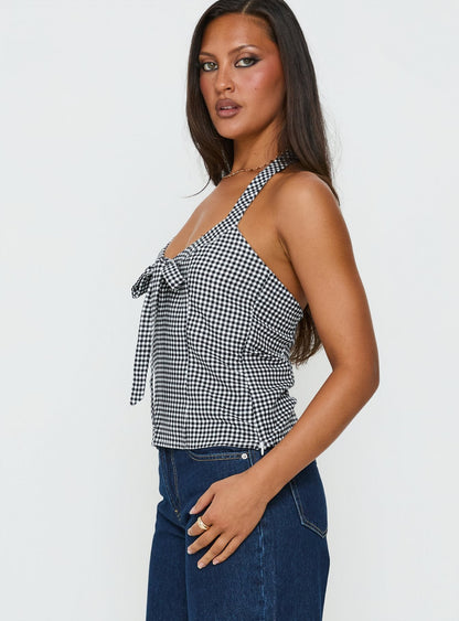 Puzzle Pieces Tie Detail Halter Top Black / White Gingham