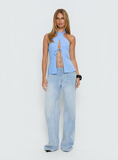 Sensational Cross Front Tie Detail Top Blue Stripe