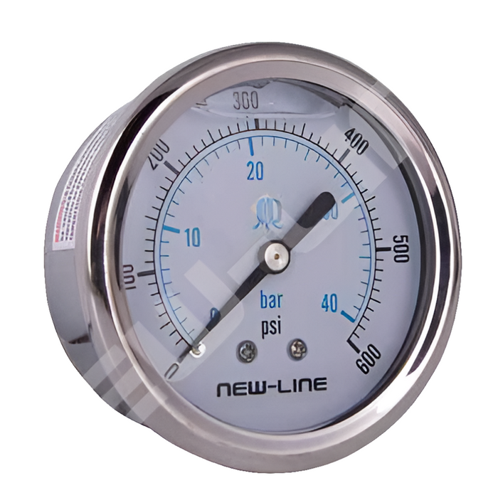 2.5 inch liquid-filled pressure gauge with 0 to 600 PSI dial and center back mount connection