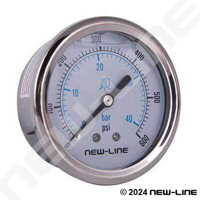 2.5 inch liquid-filled pressure gauge with 0 to 600 PSI dial and lower mount connection