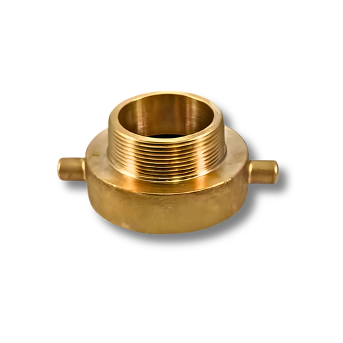 Solid brass fire adapter showing a 1.5 inch male NPT threaded end and 2.5 inch female NH/NST swivel connection