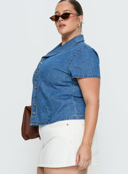 Ellix Button Up Top Blue Denim Curve