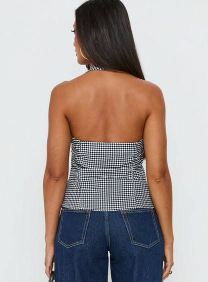 Puzzle Pieces Tie Detail Halter Top Black / White Gingham