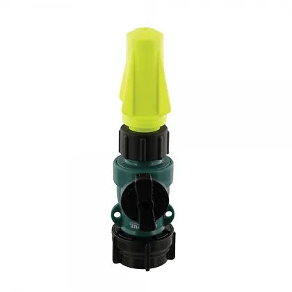 Fluorescent yellow Scotty Firefighter 4004-YF-SO Rocket Nozzle mounted above a black full flow shutoff valve with black threaded hose coupling