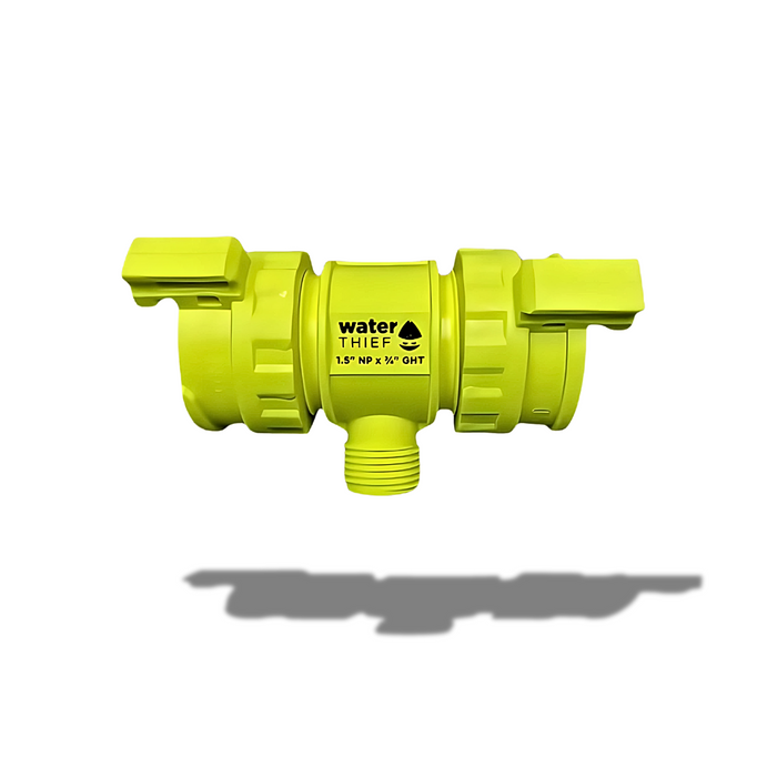 High visibility yellow Scotty Firefighter 4040-YF-QC Water Thief with quarter turn quick connects on both sides and 3/4 inch male GHT outlet
