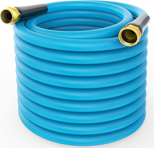 3/4 inch x 100 foot blue Serpent HD300 water hose with male and female brass GHT fittings and bend restrictors