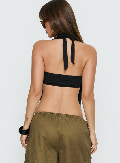 Zephyrine Fringe Asymmetrical Halter Top Black