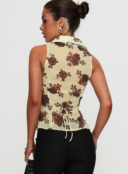 Present Tense Sheer Ruched Top Yellow Floral