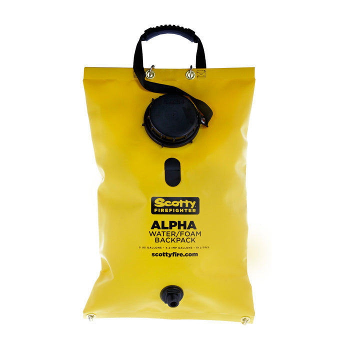 High visibility yellow Scotty Firefighter 4002A Alpha Backpack shown upright with black padded shoulder straps, top filling opening and lower 3/4 inch GHT outlet
