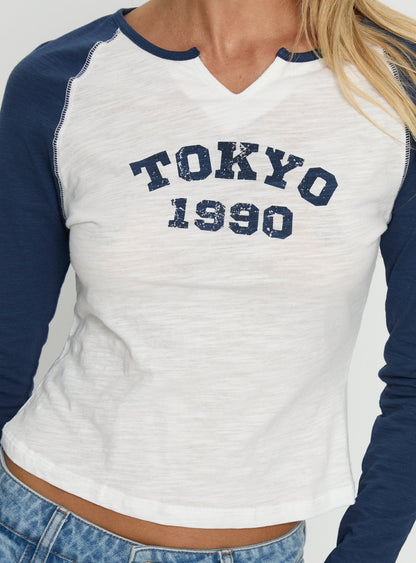 Tokyo 1990 Long Sleeve Raglan Graphic Top White / Blue