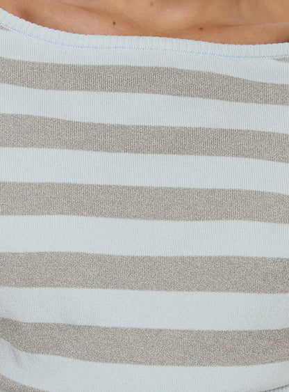 Vianne Cinched Waist Short Sleeve Knit Top Blue / Grey Stripe