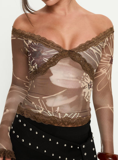 Katlyne Long Sleeve Lace Trim Top Brown Floral