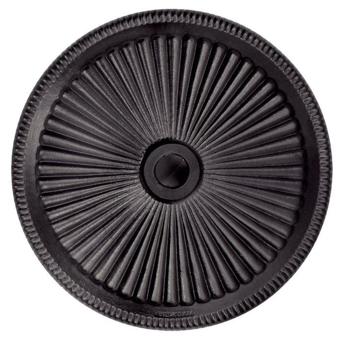 Black round umbrella base plate with central hole and ribbed ridges