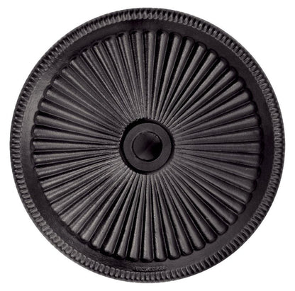 Black round umbrella base plate with central hole and ribbed ridges