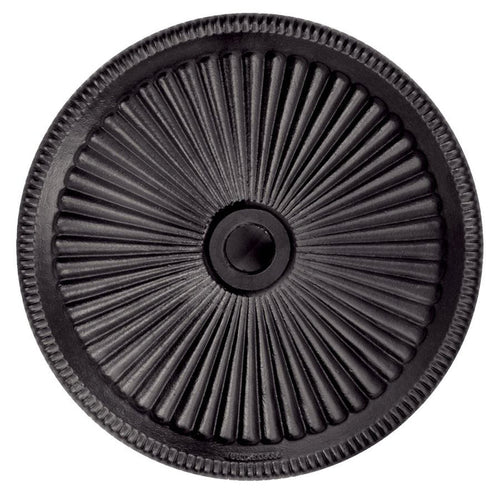 Black round umbrella base plate with central hole and ribbed ridges