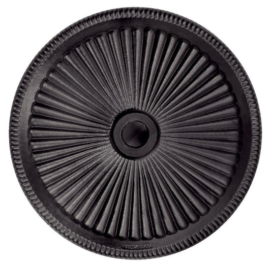Black round umbrella base plate with central hole and ribbed ridges