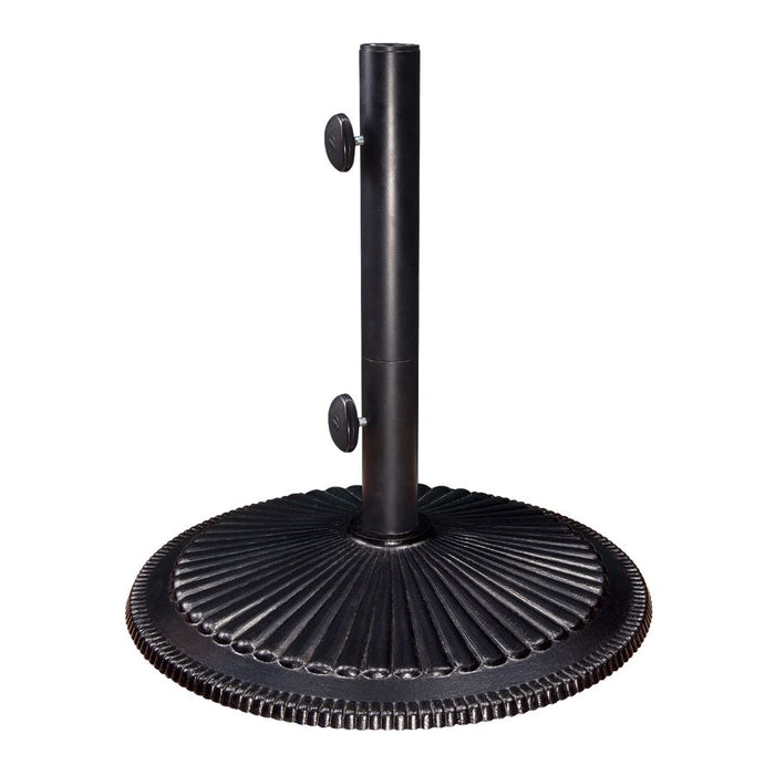 Black umbrella base with upright pole and two side knobs on round base