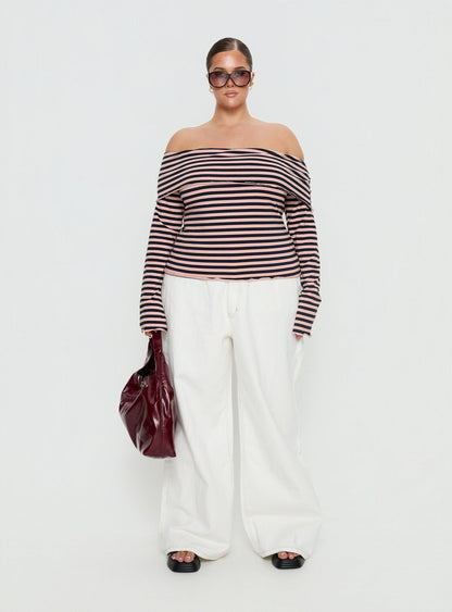 Janicia Off Shoulder Top Pink Stripe Curve