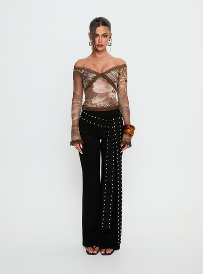 Katlyne Long Sleeve Lace Trim Top Brown Floral