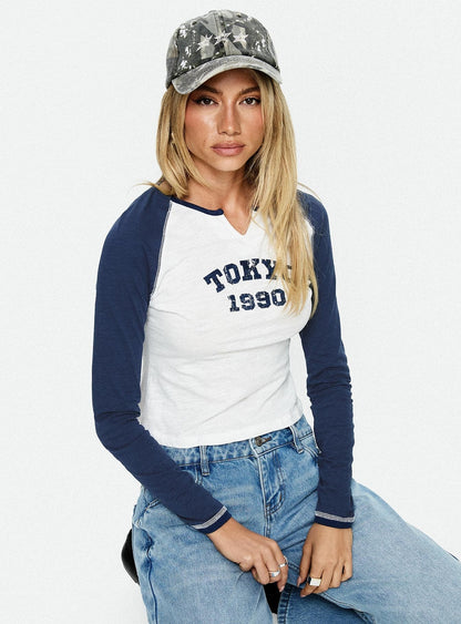 Tokyo 1990 Long Sleeve Raglan Graphic Top White / Blue