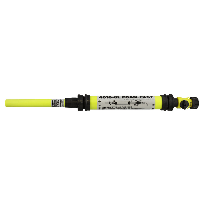 Scotty Firefighter 4010-8L Foam Fast Applicator shown with yellow foam nozzle, long inline mixing chamber and shutoff valve