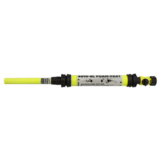 Scotty Firefighter 4010-8L Foam Fast Applicator shown with yellow foam nozzle, long inline mixing chamber and shutoff valve