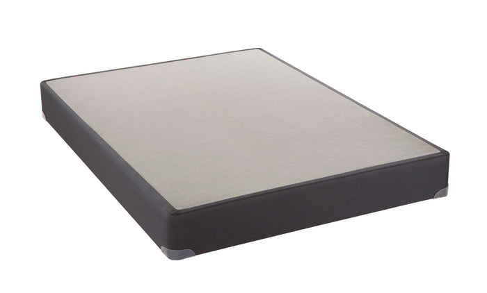 9-inch boxspring with black upholstered sides and beige fabric top, angled view