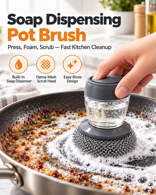 Soap Dispensing Pot Brush, Detachable Stainless Steel Scrubber, Non-Scratch for Burnt Grease, Pots, Pans & Sinks
