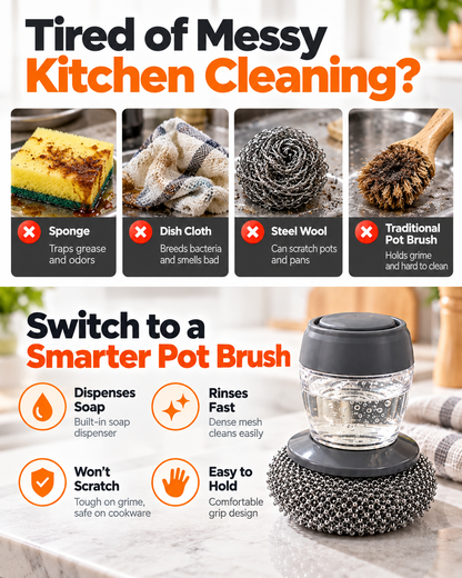 Soap Dispensing Pot Brush, Detachable Stainless Steel Scrubber, Non-Scratch for Burnt Grease, Pots, Pans & Sinks