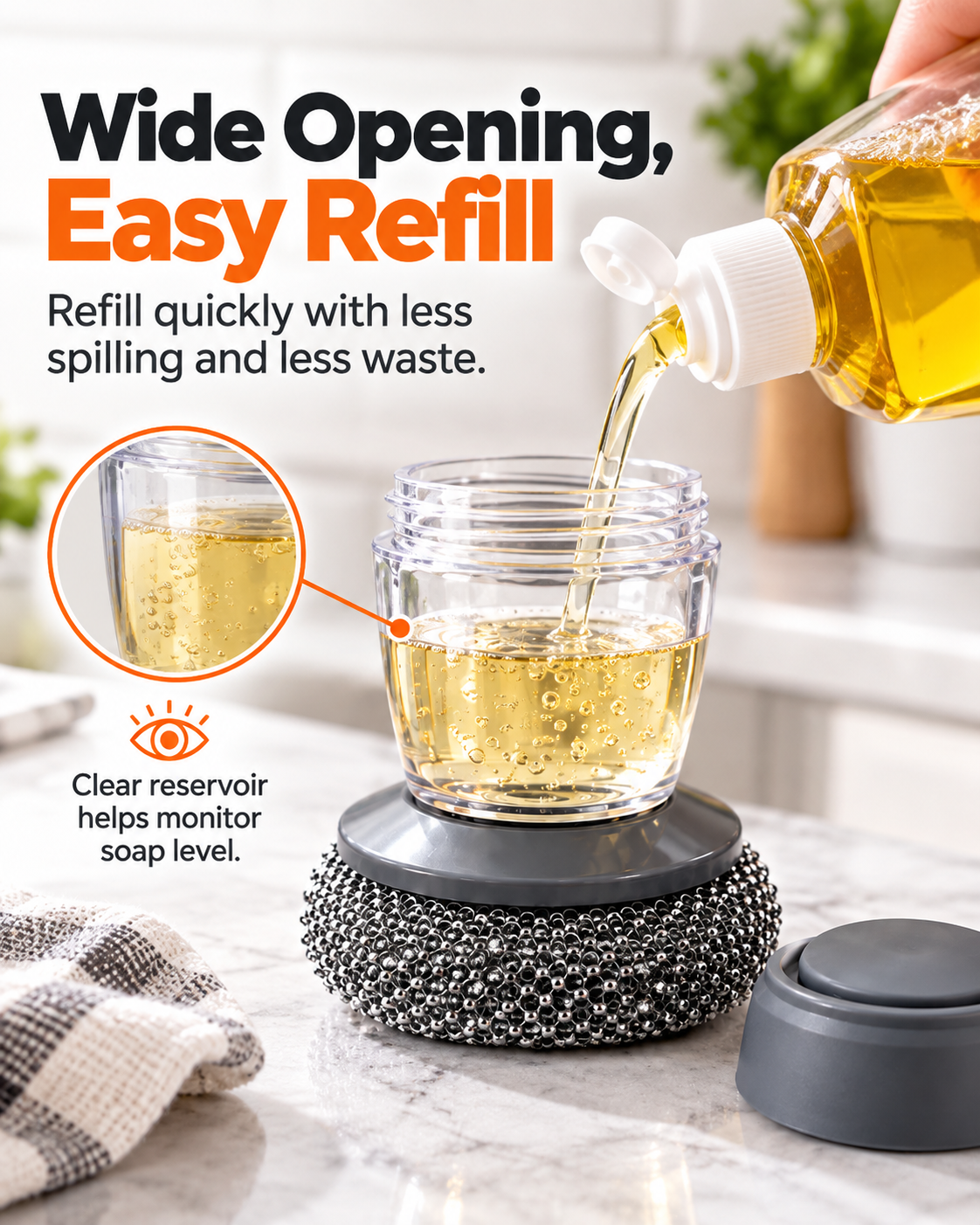 Soap Dispensing Pot Brush, Detachable Stainless Steel Scrubber, Non-Scratch for Burnt Grease, Pots, Pans & Sinks