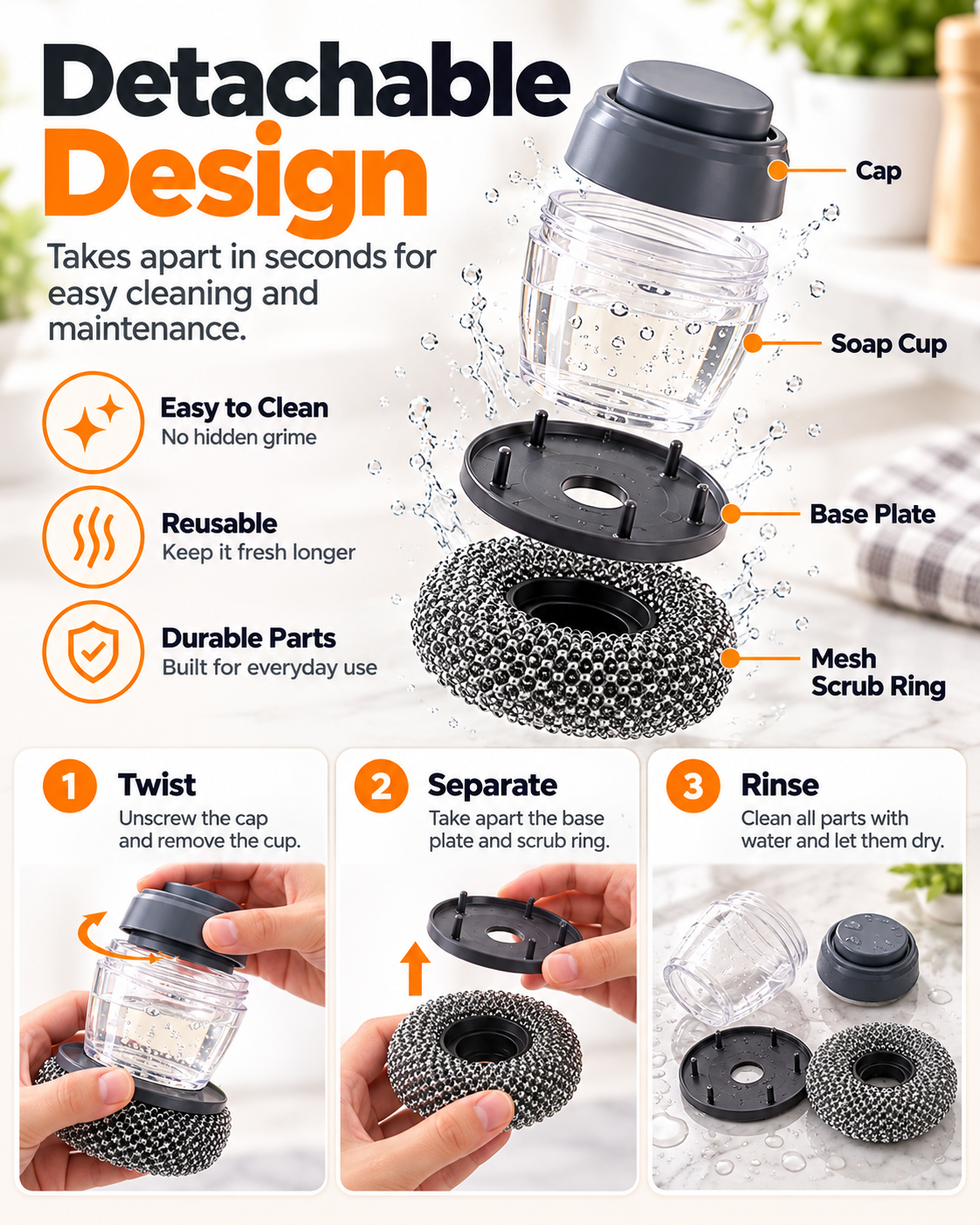Soap Dispensing Pot Brush, Detachable Stainless Steel Scrubber, Non-Scratch for Burnt Grease, Pots, Pans & Sinks