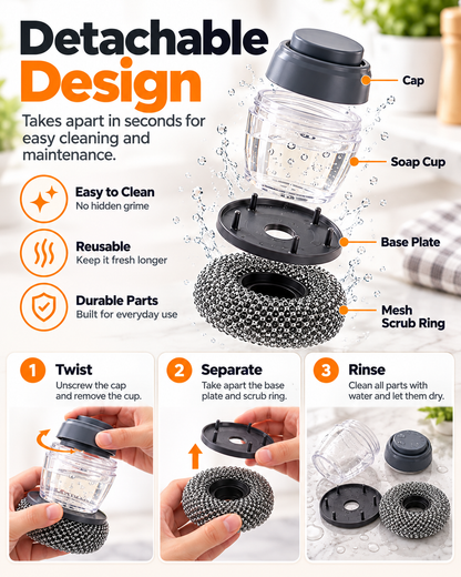 Soap Dispensing Pot Brush, Detachable Stainless Steel Scrubber, Non-Scratch for Burnt Grease, Pots, Pans & Sinks