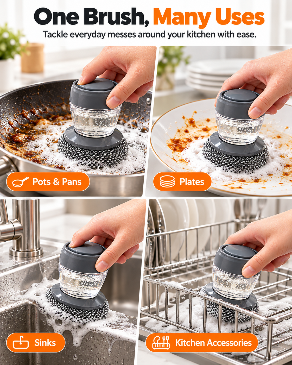 Soap Dispensing Pot Brush, Detachable Stainless Steel Scrubber, Non-Scratch for Burnt Grease, Pots, Pans & Sinks