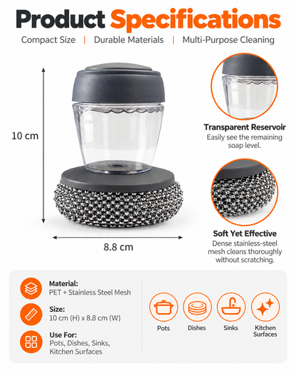 Soap Dispensing Pot Brush, Detachable Stainless Steel Scrubber, Non-Scratch for Burnt Grease, Pots, Pans & Sinks