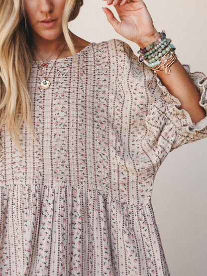 Quinn Puff Sleeve Mini Dress Floral - Sage Grey