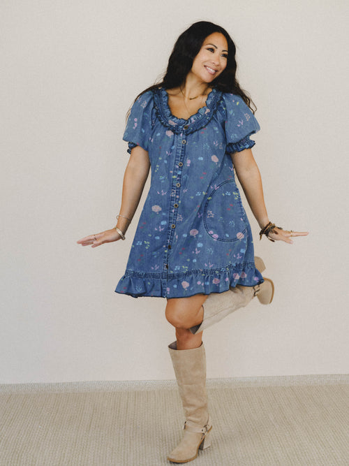 Lovely Petals Dress - Washed Denim