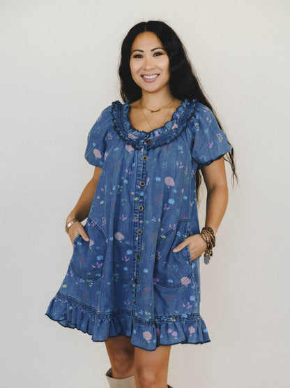 Lovely Petals Dress - Washed Denim