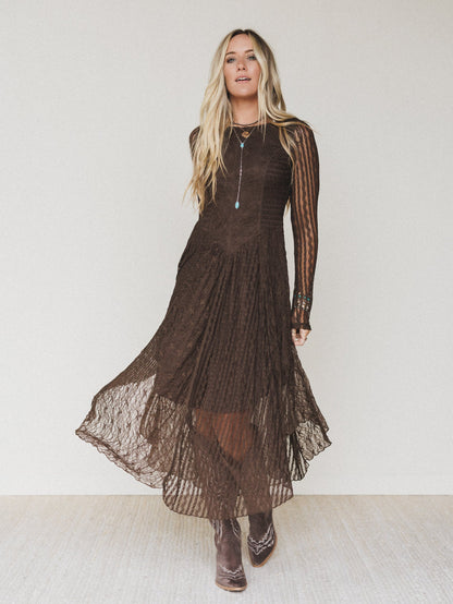 Lace Story Long Sleeve Midi Dress - Chocolate