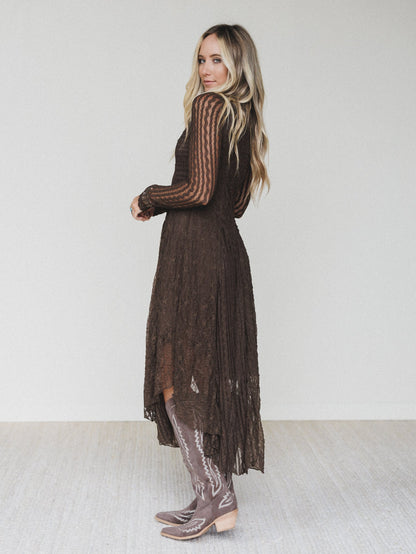 Lace Story Long Sleeve Midi Dress - Chocolate