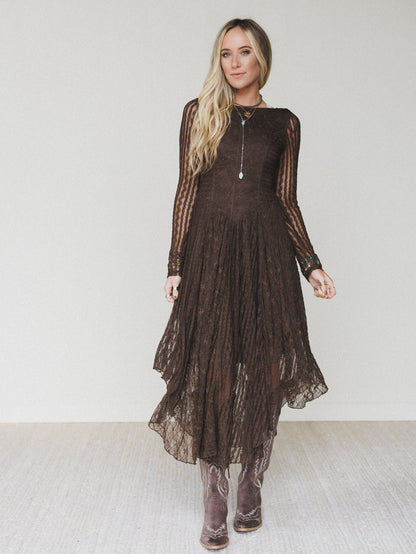 Lace Story Long Sleeve Midi Dress - Chocolate