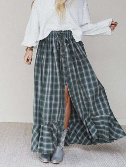 Bonfire Bloom Plaid Skirt - Olive