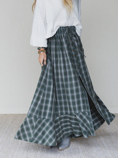 Bonfire Bloom Plaid Skirt - Olive