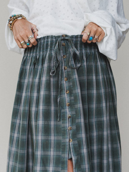 Bonfire Bloom Plaid Skirt - Olive