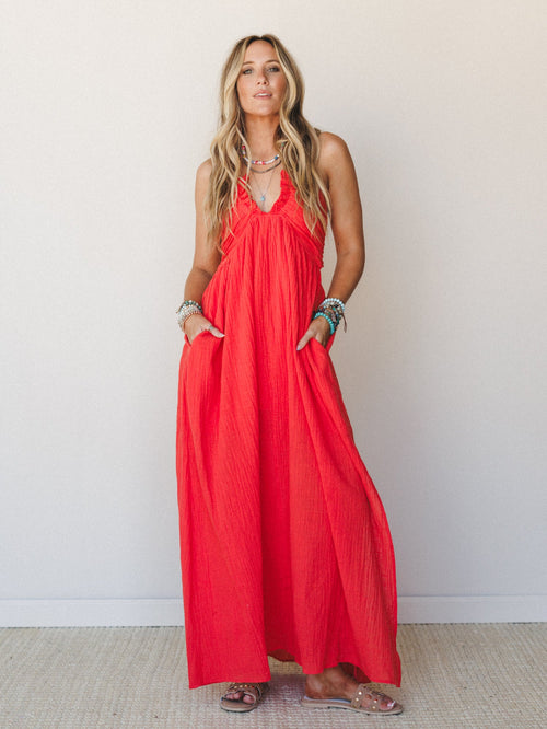 Cityscape Halter Maxi Dress - Cherry Tomato